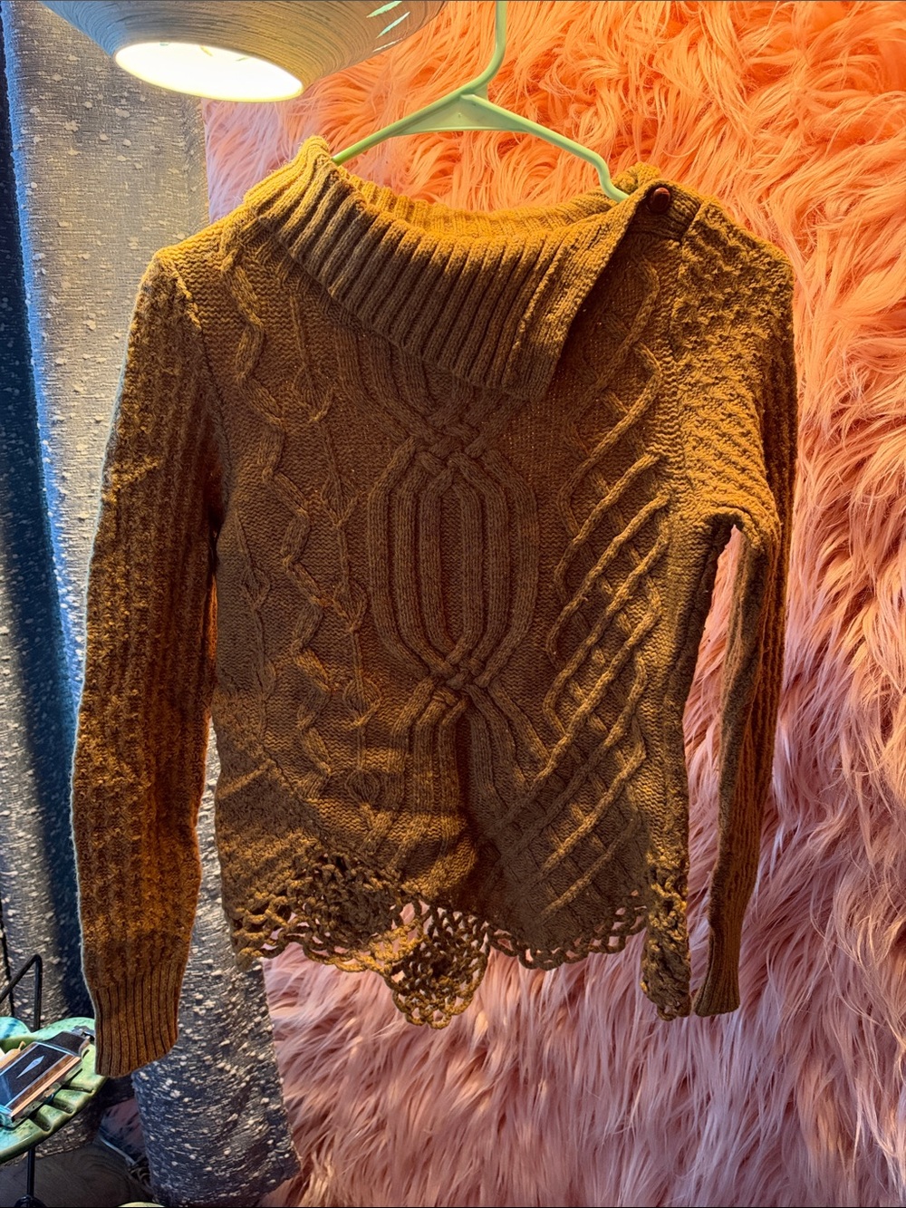 Anthropologie Brown Cable Knit Turtleneck Sweater with Scalloped Hem